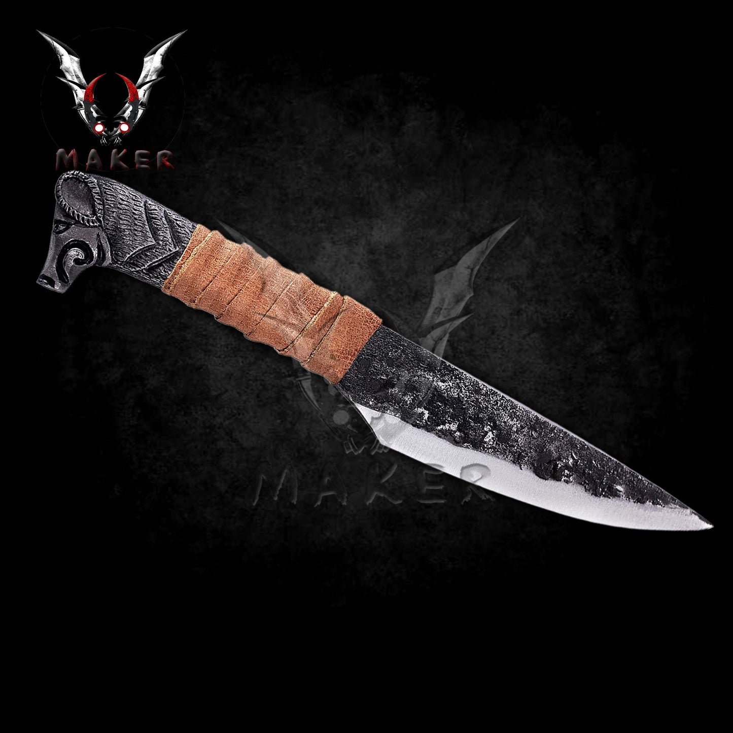 Viking Knife With Boar's Head Hilt & Leather Sheath 10" Carbon Steel Knife for Hunting, Camping Gift for Father, Boyfriend - VuMaker-130