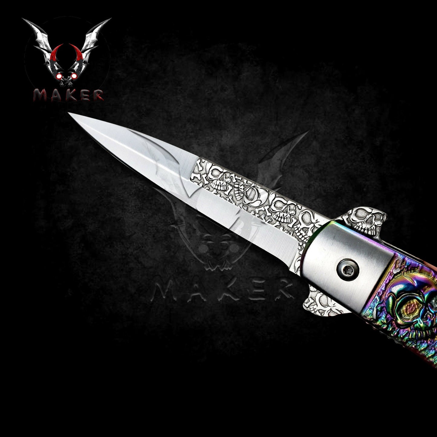 Embossed Sculpture Skull Stiletto Knife 9" Rainbow Folding Knife for Hunting, Camping Gift for Father, Husband, Boyfriend - VuMaker-305