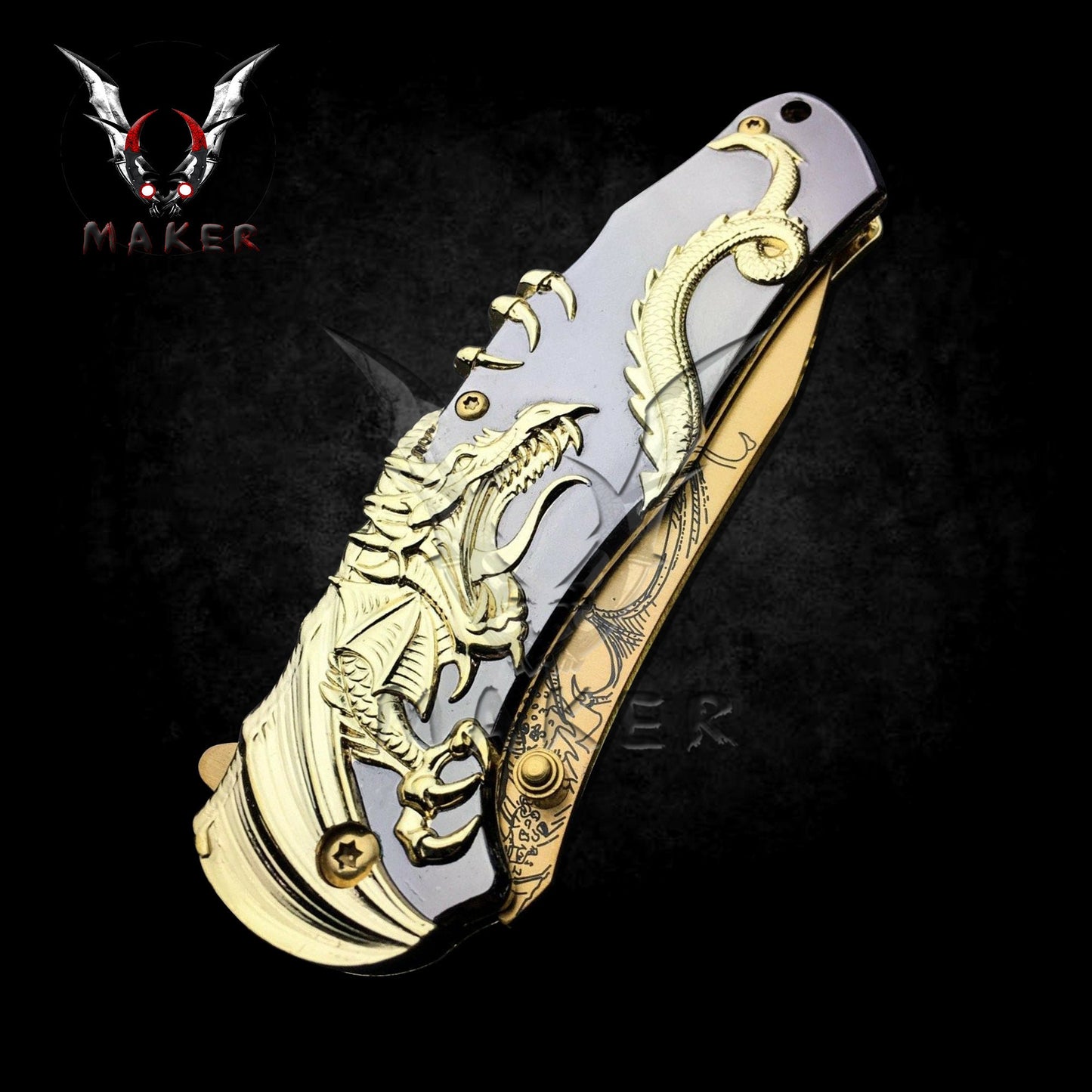 Gold Dragon Knife 9" Steel Blade Best Folding Knife for Hunting,Camping, collection Gift for Father, boyfriend, halloween. VuMaker-328