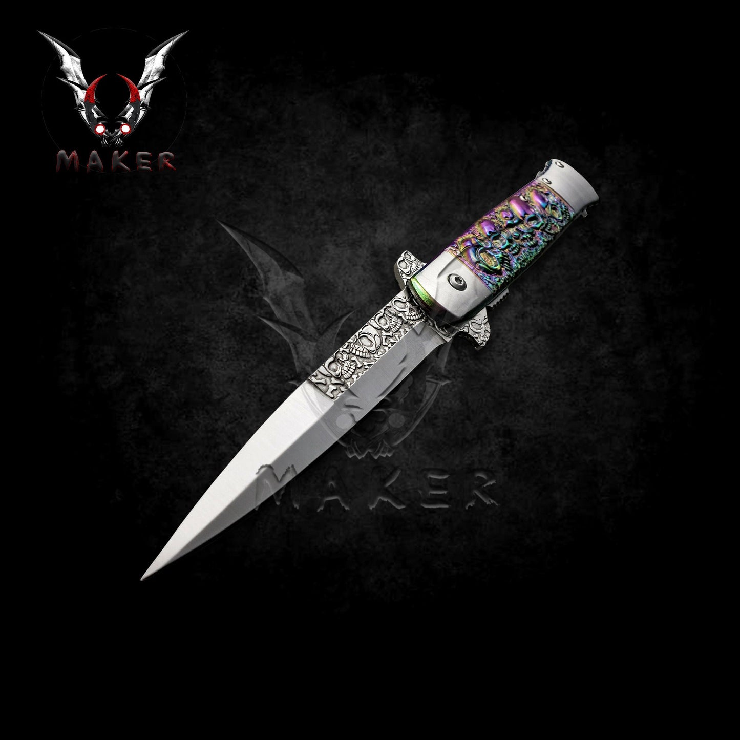 Embossed Sculpture Skull Stiletto Knife 9" Rainbow Folding Knife for Hunting, Camping Gift for Father, Husband, Boyfriend - VuMaker-305