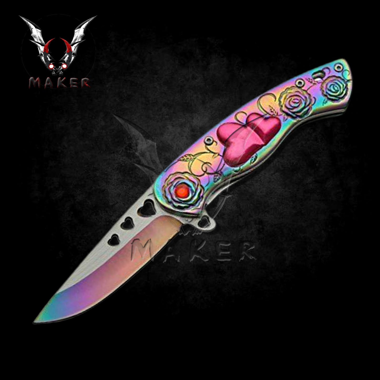 Cupid Heart Floral Rainbow Knife 7" Best Folding Love Knife for Hunting,Camping Gift for Father, Husband, Boyfriend valentine - VuMaker-368