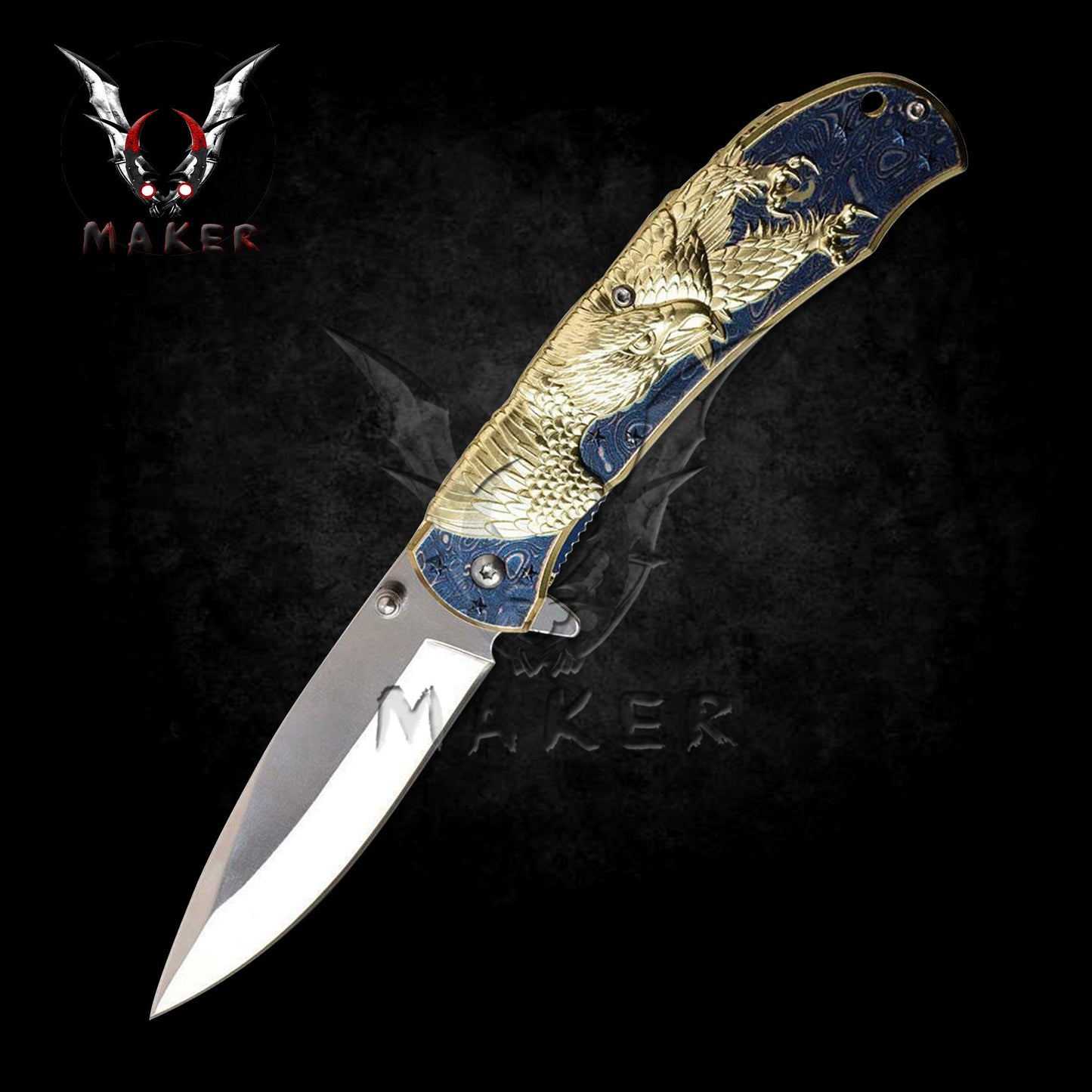 American Gold Eagle Knife 8.25" Steel Blade Best Folding Knife for Hunting,Camping, collection Gift for Father. VuMaker-480