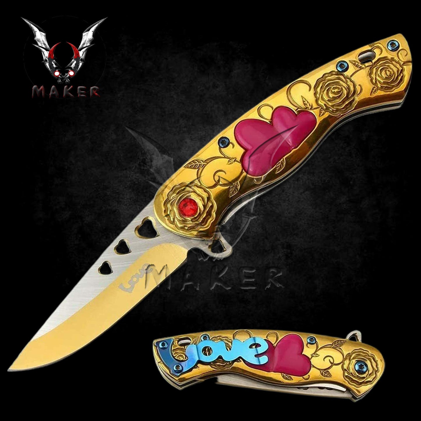 Cupid Heart Floral Rainbow Knife 7" Best Folding Love Knife for Hunting,Camping Gift for Father, Husband, Boyfriend valentine - VuMaker-368
