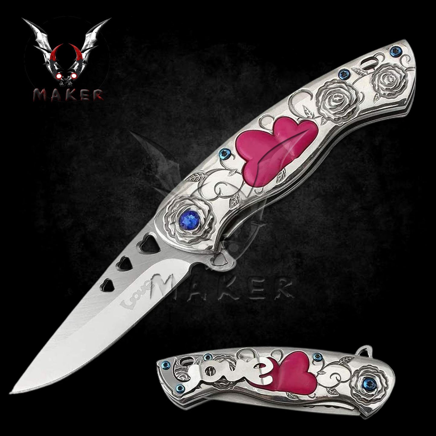 Cupid Heart Floral Rainbow Knife 7" Best Folding Love Knife for Hunting,Camping Gift for Father, Husband, Boyfriend valentine - VuMaker-368