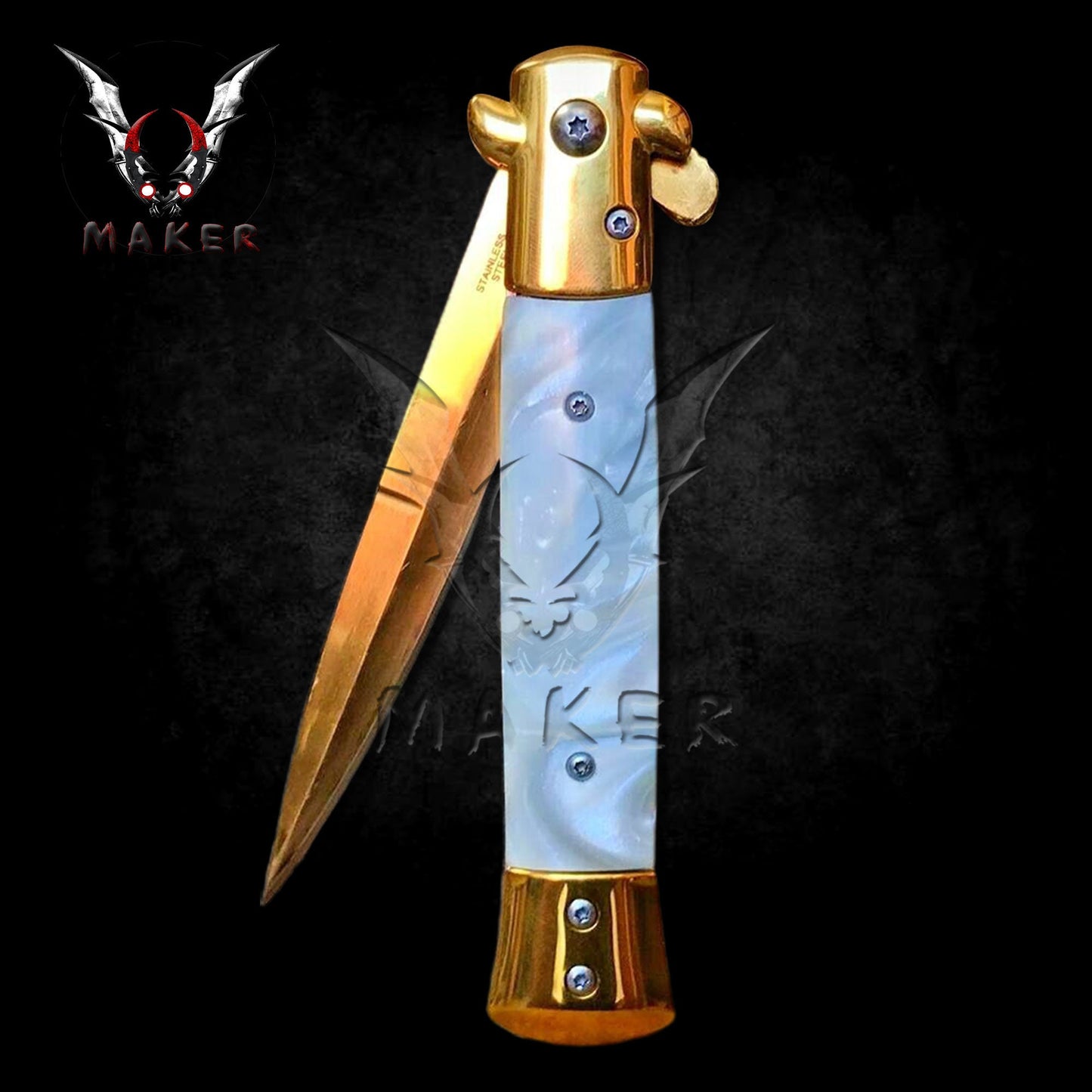 White Pearl Handle Stiletto Knife 9" Spring Assisted Folding Knife for Hunting, Gift for Father, Boyfriend - VuMaker-668