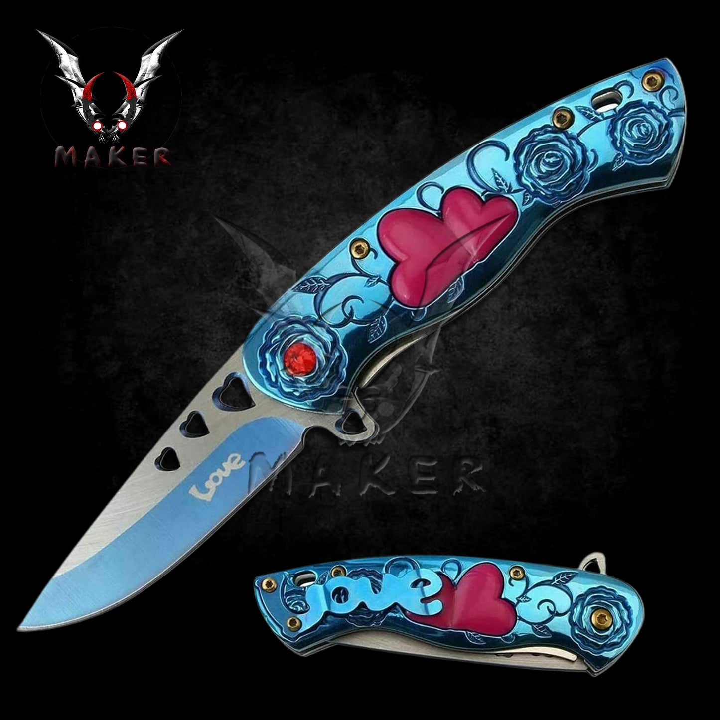 Cupid Heart Floral Rainbow Knife 7" Best Folding Love Knife for Hunting,Camping Gift for Father, Husband, Boyfriend valentine - VuMaker-368