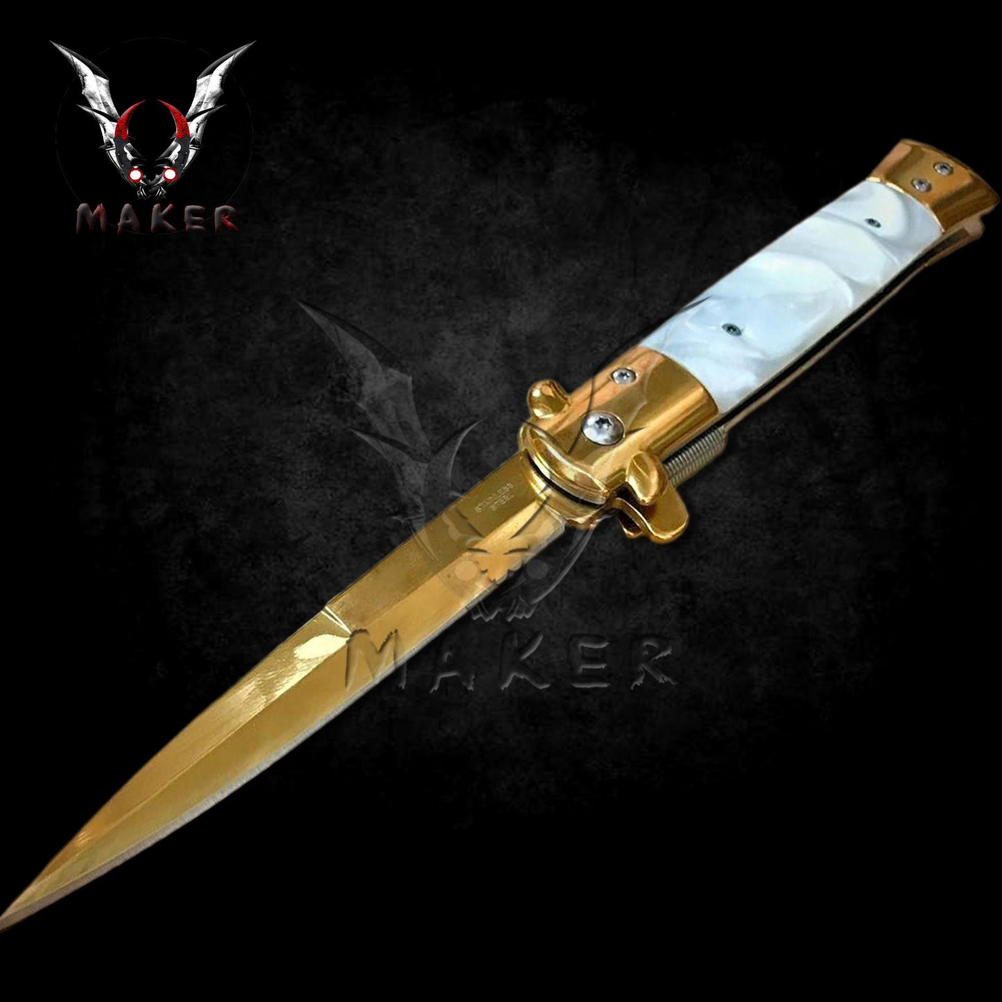 White Pearl Handle Stiletto Knife 9" Spring Assisted Folding Knife for Hunting, Gift for Father, Boyfriend - VuMaker-668