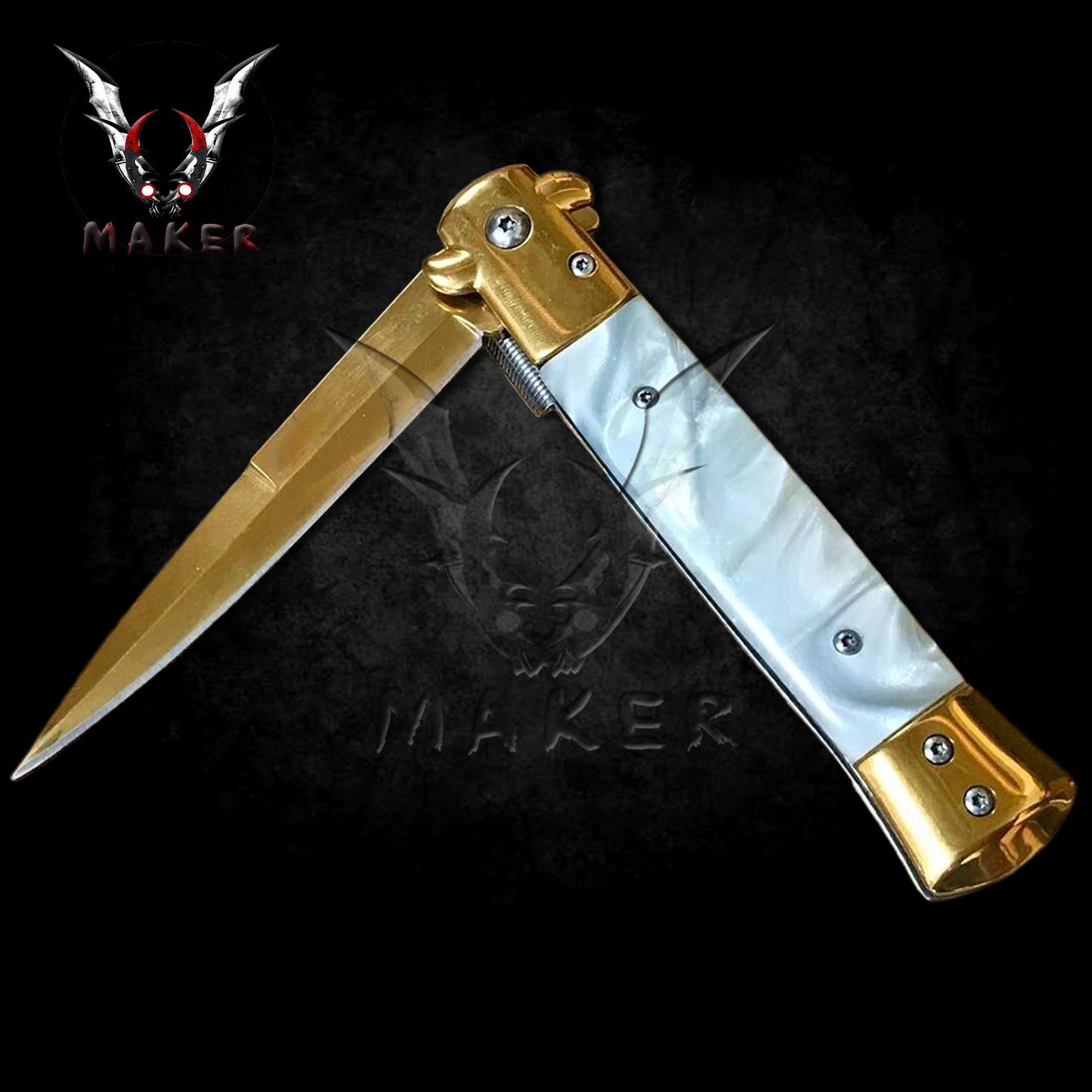 White Pearl Handle Stiletto Knife 9" Spring Assisted Folding Knife for Hunting, Gift for Father, Boyfriend - VuMaker-668