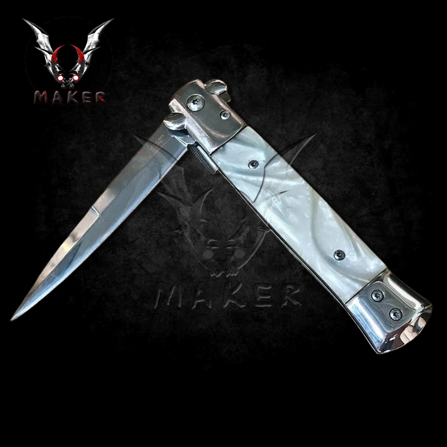 White Pearl Handle Stiletto Knife 9" Spring Assisted Folding Knife for Hunting, Gift for Father, Boyfriend - VuMaker-668