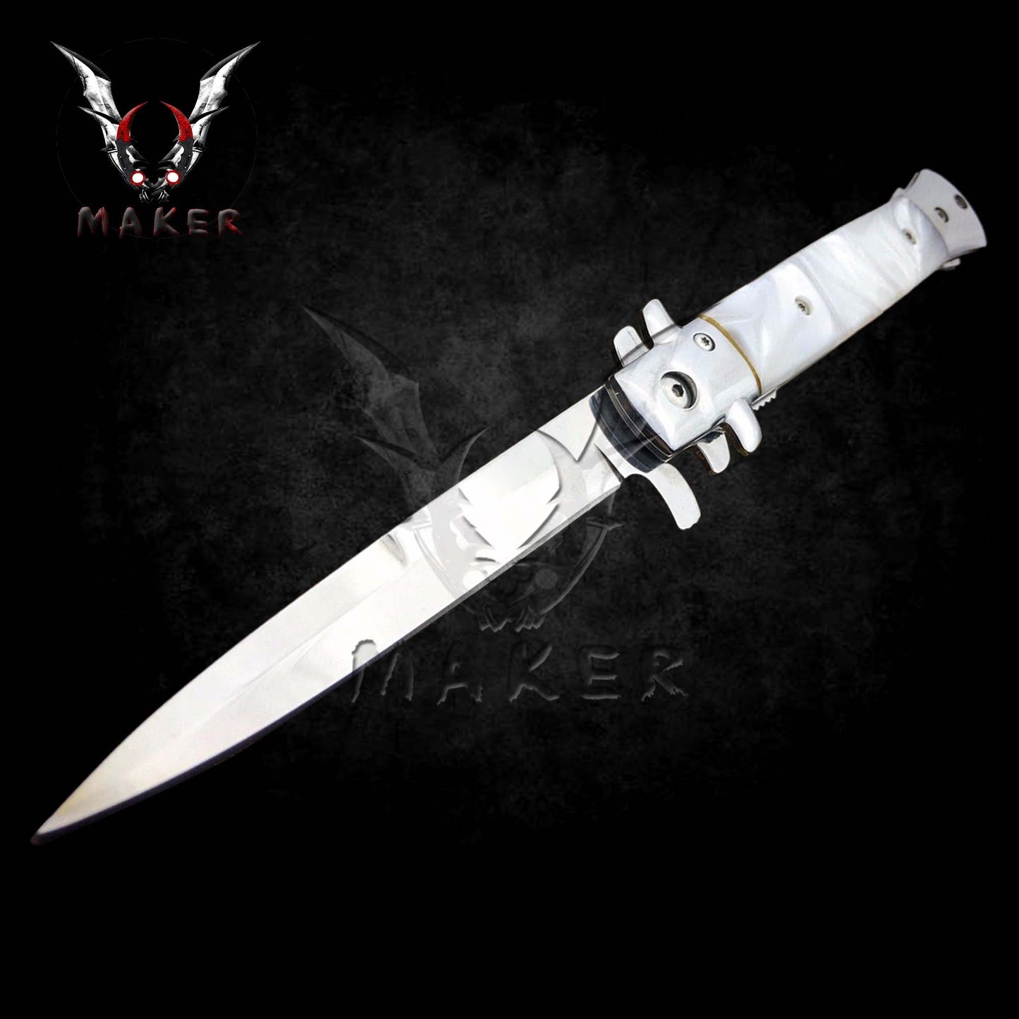 White Pearl Handle Stiletto Knife 9" Spring Assisted Folding Knife for Hunting, Gift for Father, Boyfriend - VuMaker-668
