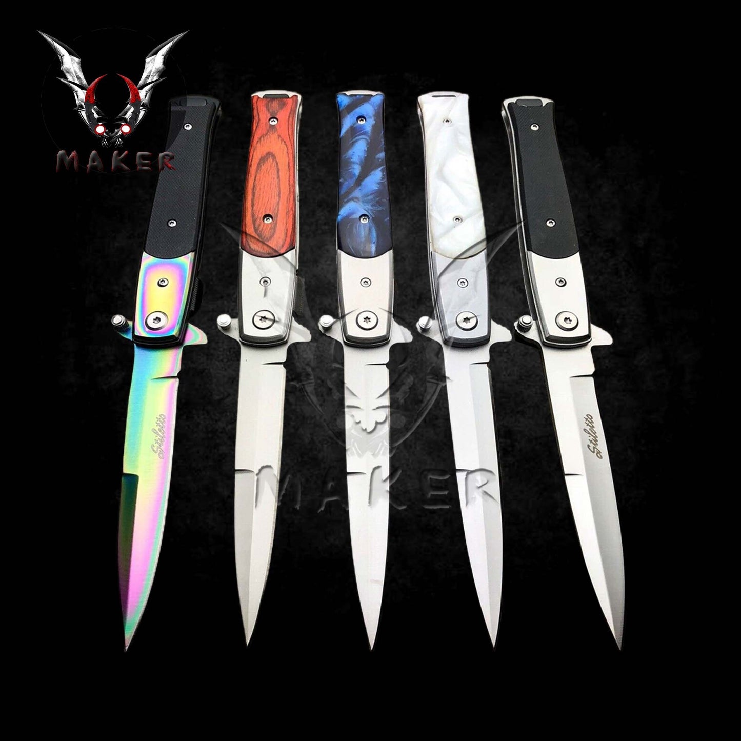 Black Pearl Handle Stiletto Knife 9" Spring Assisted Folding Knife for Hunting, Gift for Father, Boyfriend - VuMaker-878