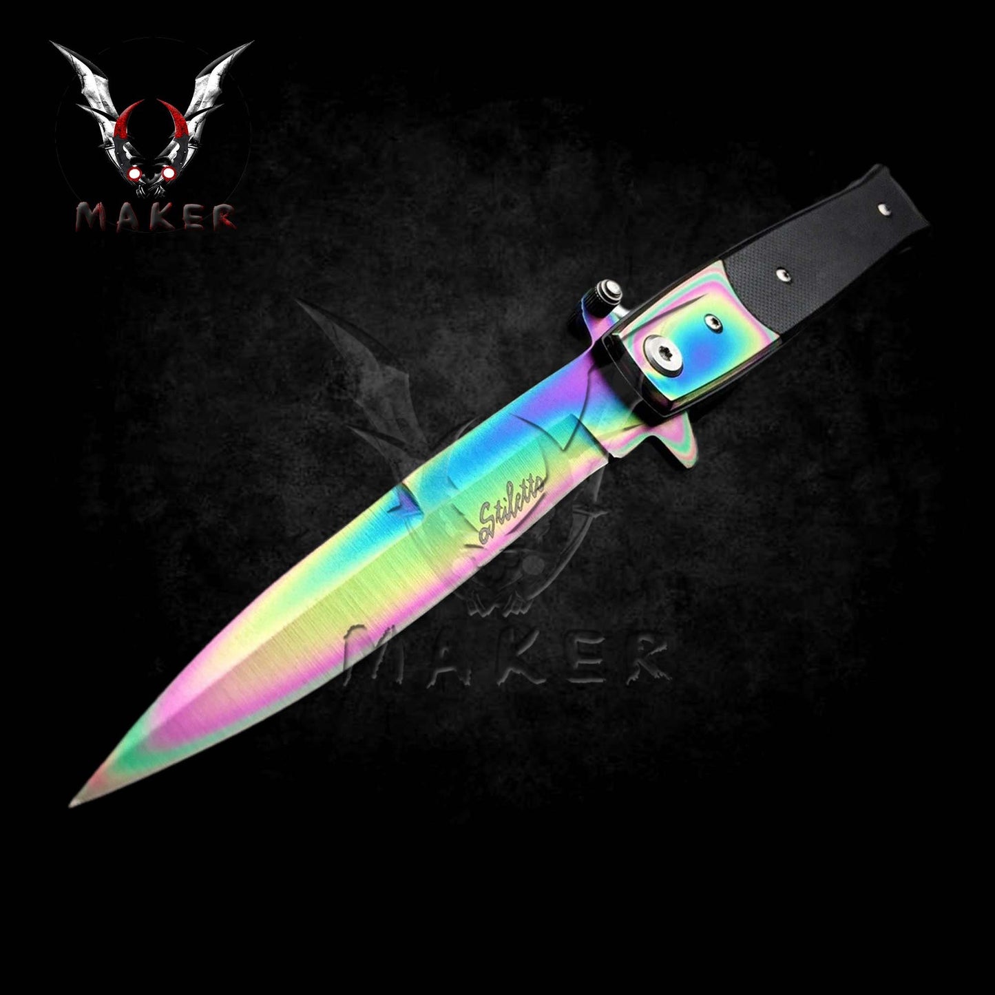 Black Pearl Handle Stiletto Knife 9" Spring Assisted Folding Knife for Hunting, Gift for Father, Boyfriend - VuMaker-878