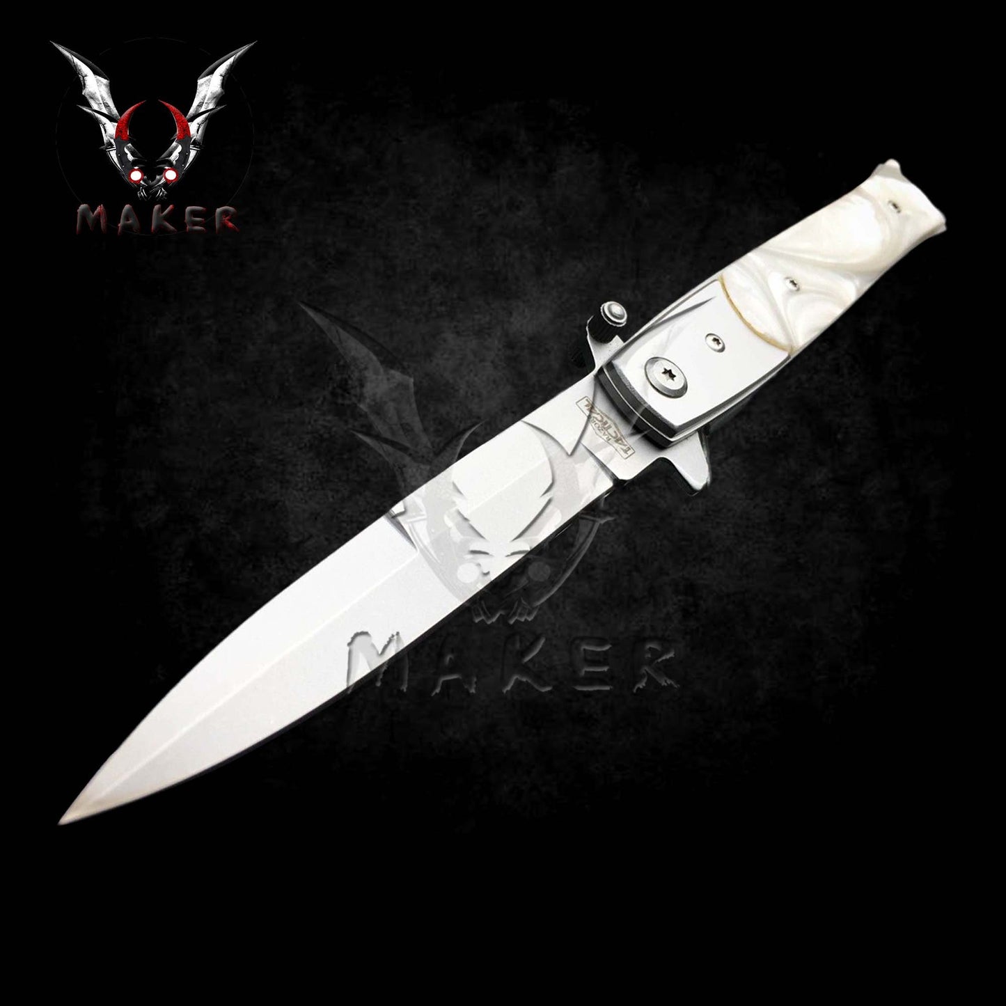 Black Pearl Handle Stiletto Knife 9" Spring Assisted Folding Knife for Hunting, Gift for Father, Boyfriend - VuMaker-878