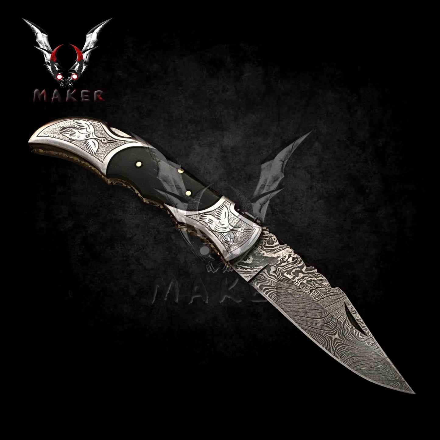 Vintage Crane Damascus Knife Ethnic motifs Pocket Hunting Knife 9" Damascus Steel Blade, gift for father, boyfriend, christmas VuMaker-34