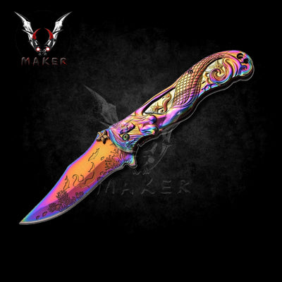 Rainbow Mermaid Knife 8.75" Hunting Folding Steel Blade Knife Fathers day gift, boyfriend gift, christmas gift - VuMaker-125