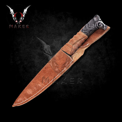 Viking Knife With Boar's Head Hilt & Leather Sheath 10" Carbon Steel Knife  for Hunting, Camping Gift for Father, Boyfriend - VuMaker-130