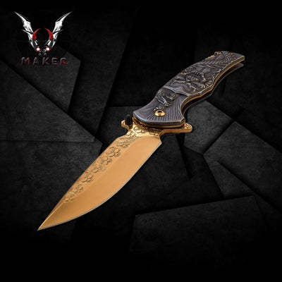 GOLD Skull with Snake Knife 8" Stonewash handle Hunting Folding Steel Blade Knife Mens, Father, boyfriend, christmas gift - VuMaker-159