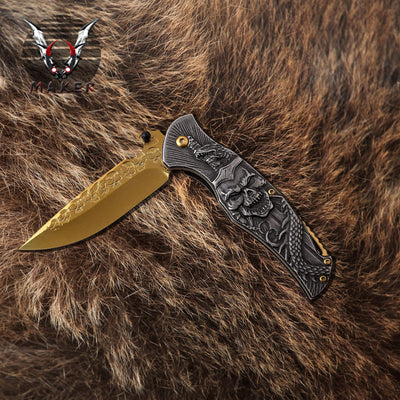 GOLD Skull with Snake Knife 8" Stonewash handle Hunting Folding Steel Blade Knife Mens, Father, boyfriend, christmas gift - VuMaker-159