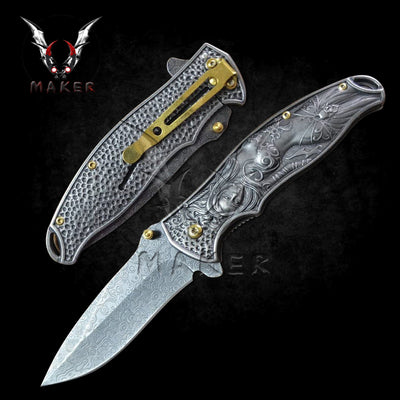 Goddess sculpture Knife 8.75" Hunting Folding Steel Blade Knife Fathers day gift boyfriend - VuMaker-198