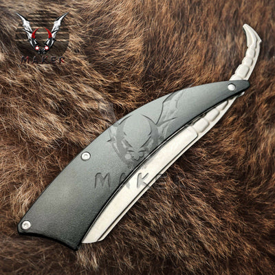 Razor Skull Straight Blade Barber Knife 8.5" Hunting Folding Steel Blade Knife Fathers day gift - VuMaker-218