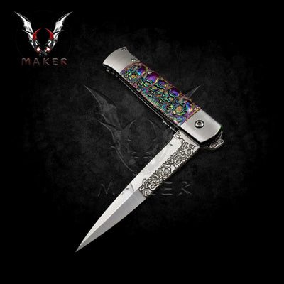 Embossed Sculpture Skull Stiletto Knife  9" Rainbow Folding Knife for Hunting, Camping Gift for Father, Husband, Boyfriend - VuMaker-305