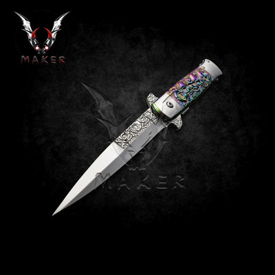 Embossed Sculpture Skull Stiletto Knife  9" Rainbow Folding Knife for Hunting, Camping Gift for Father, Husband, Boyfriend - VuMaker-305