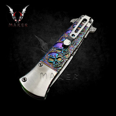 Embossed Sculpture Skull Stiletto Knife  9" Rainbow Folding Knife for Hunting, Camping Gift for Father, Husband, Boyfriend - VuMaker-305