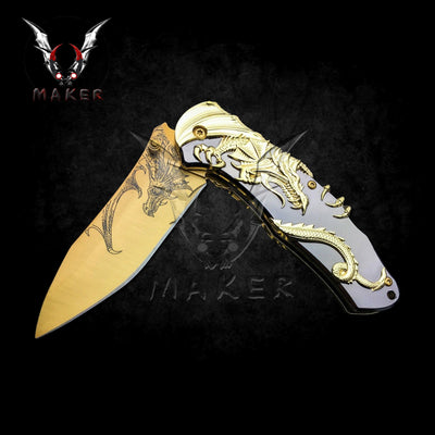 Gold Dragon Knife 9" Steel Blade Best Folding Knife for Hunting,Camping, collection Gift for Father, boyfriend, halloween. VuMaker-328