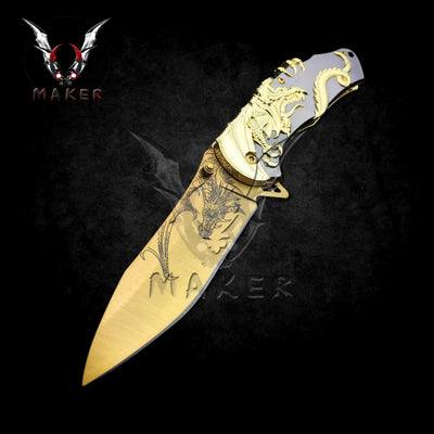 Gold Dragon Knife 9" Steel Blade Best Folding Knife for Hunting,Camping, collection Gift for Father, boyfriend, halloween. VuMaker-328