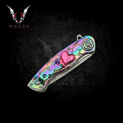 Cupid Heart Floral Rainbow Knife  7" Best Folding Love Knife for Hunting,Camping Gift for Father, Husband, Boyfriend valentine - VuMaker-368