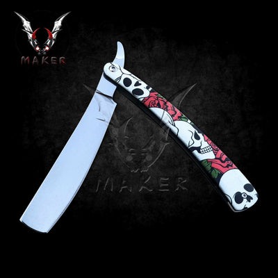 Razor Skull Rose Straight Blade Barber Knife 10" Folding Steel Blade Knife, Gift for father, boyfriend, christmas - VuMaker-496