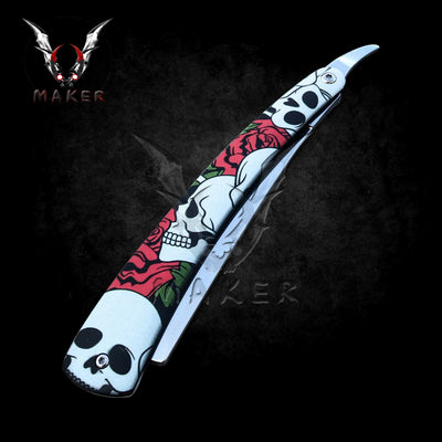 Razor Skull Rose Straight Blade Barber Knife 10" Folding Steel Blade Knife, Gift for father, boyfriend, christmas - VuMaker-496