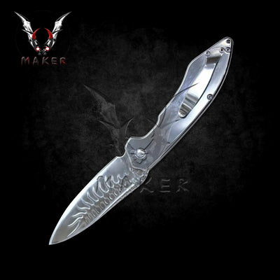 Silver Skull Pocket Knife 7.75" Steel Blade Best Folding Knife for Hunting, Camping Gift for Father, Husband, Boyfriend . VuMaker-402