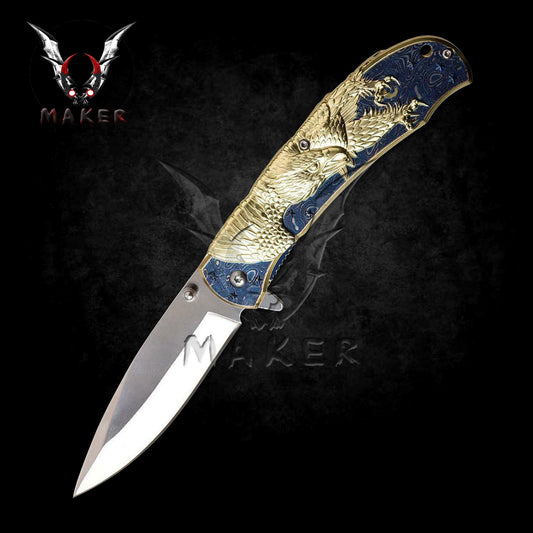 American Gold Eagle Knife 8.25" Steel Blade Best Folding Knife for Hunting,Camping, collection Gift for Father. VuMaker-480