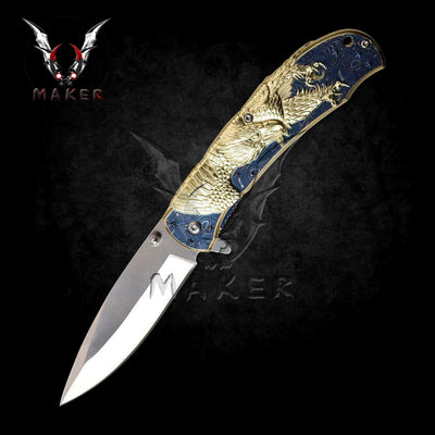 American Gold Eagle Knife 8.25" Steel Blade Best Folding Knife for Hunting,Camping, collection Gift for Father. VuMaker-480