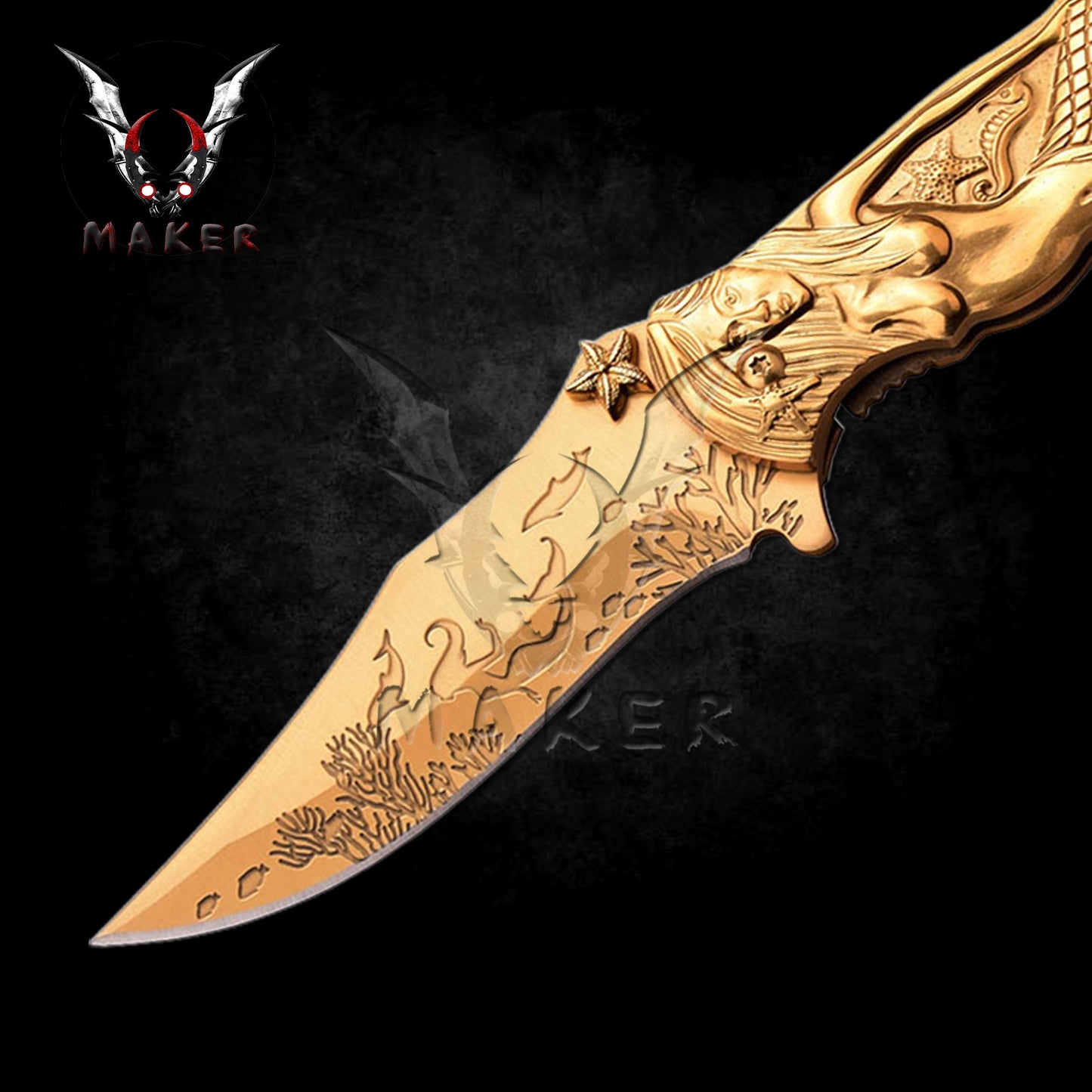 GOLD Mermaid Ocean Knife 8.75" Hunting Folding Steel Blade Knife Gift for Father, boyfriend ,mens, halloween, christmas gift - VuMaker-528