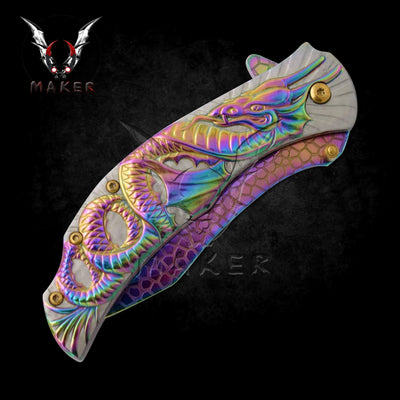 Dragon sculpt fantasy Knife 8.3" Hunting Folding Steel Blade Knife Fathers day gift boyfriend - VuMaker-583