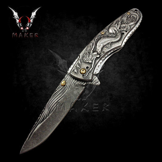 Mermaid with Ocean Dolphin Knife 8.75" Hunting Folding Steel Blade Knife Fathers day gift Christmas gift - VuMaker-591