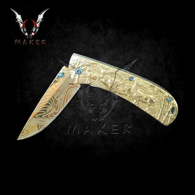 Embossed sculpture Deer Knife 8" Best Folding Knife for Hunting,Camping- Gift for Father, Husband, Boyfriend, Christmas - VuMaker-463