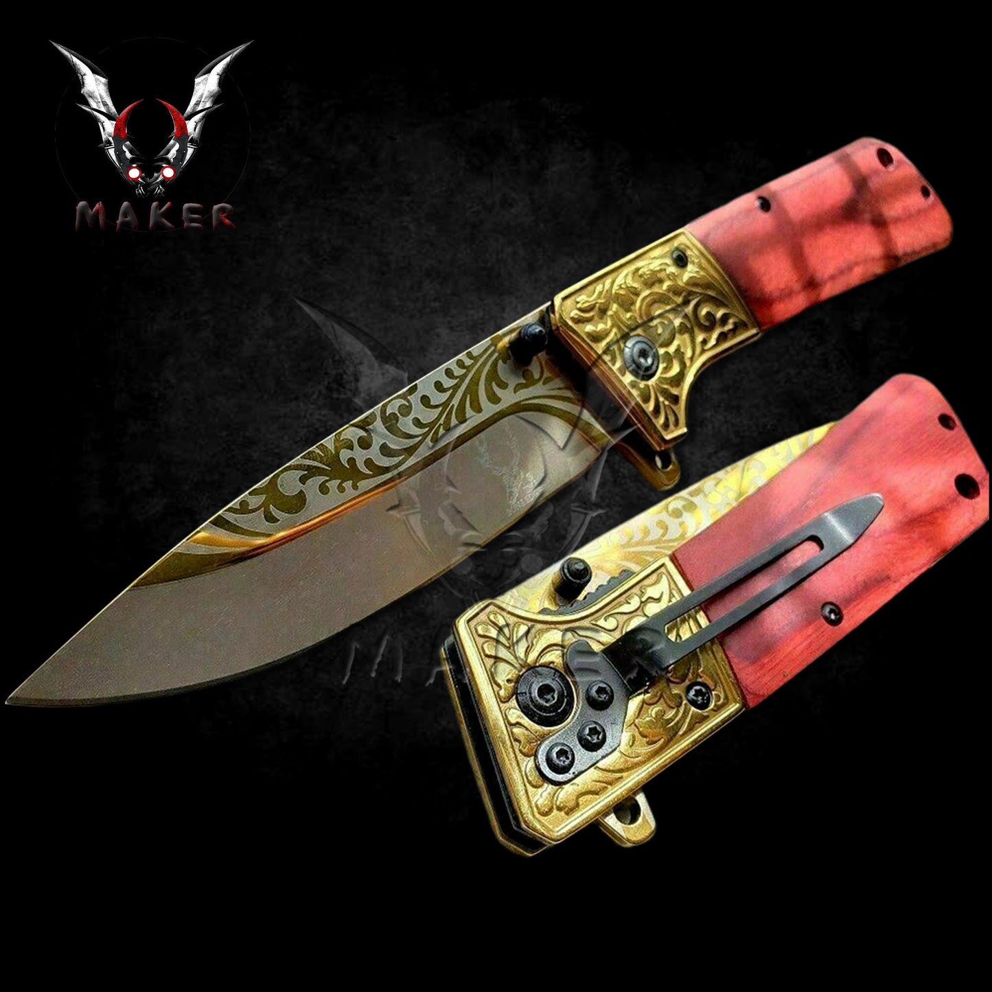 GOLD Vintage Floral Ornate Knife 8.5" Wood handle Folding Knife for Hunting Gift for Father, Husband, Boyfriend Christmas - VuMaker-197