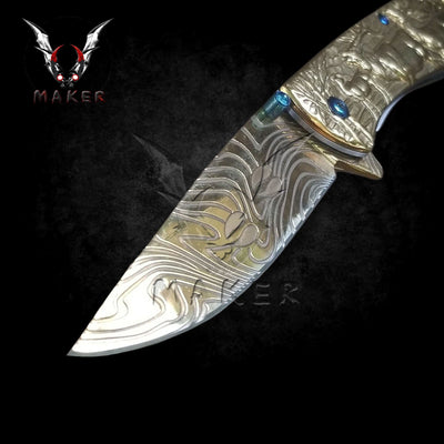 Embossed sculpture Deer Knife 8" Best Folding Knife for Hunting,Camping- Gift for Father, Husband, Boyfriend, Christmas - VuMaker-463