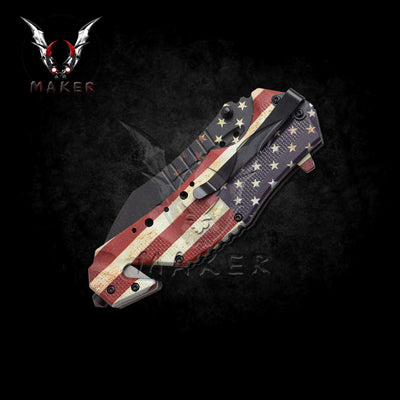 USA Flag Spring Assisted Knife 9" Hunting Folding Pocket Steel Blade Knife - Father boyfriend gift Christmas VuMaker-178