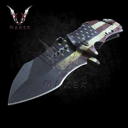 Vintage US Flag Spring Assisted Knife 9" Hunting Folding Pocket Steel Blade - Gift for Father, Boyfriend, Halloween, Christmas VuMaker-699
