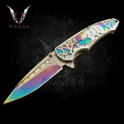 Bear Rainbow Knife Fantasy Hunting Folding Steel Blade Knife gift for mens,Father, boyfriend, christmas halloween gift- VuMaker-736