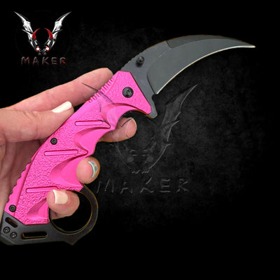 Ladies Pink Karambit Knife 8.5"  Claw Spring Best Folding Knife for Hunting,Camping Gift for Father, Husband, Boyfriend - VuMaker-814