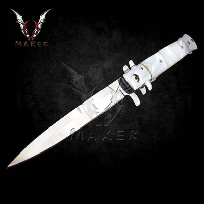 White Pearl Handle Stiletto Knife  9"  Spring Assisted Folding Knife for Hunting, Gift for Father, Boyfriend - VuMaker-668