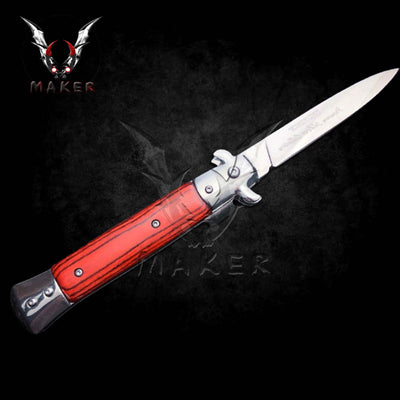 Silver Red Wood Handle Stiletto Knife 9" Spring Assisted Folding Knife for Hunting, Gift for Father, Boyfriend - VuMaker-870