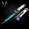 Rainbow White Handle Stiletto Knife 8.75" Spring Assisted Folding Knife for Hunting, Gift for Father, Boyfriend VuMaker-874