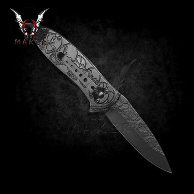 Black Skull Pocket Knife 8.25" Sharp Steel Blade Best Folding Knife for Hunting, Camping Gift for Father, Husband, Boyfriend . VuMaker-484